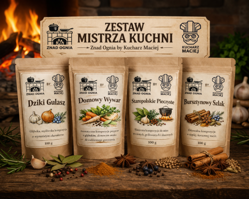 Zestaw Mistrza Kuchni – przyprawy Znad Ognia by Kucharz Maciej: Dziki Gulasz, Domowy Wywar, Staropolskie Pieczyste i Bursztynowy Szlak przy ogniu