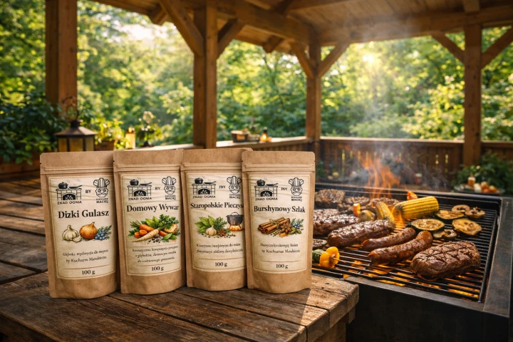 Zestaw czterech autorskich przypraw „Znad Ognia by Kucharz Maciej” w naturalnym, grillowym klimacie. Idealne do mięs, warzyw i potraw przygotowywanych na ogniu – od klasycznego pieczystego po aromatyczne kompozycje inspirowane kuchnią świata.